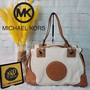 Michael Kors Ivory White Canvas Leather with Brown Leather Strap and Logo
